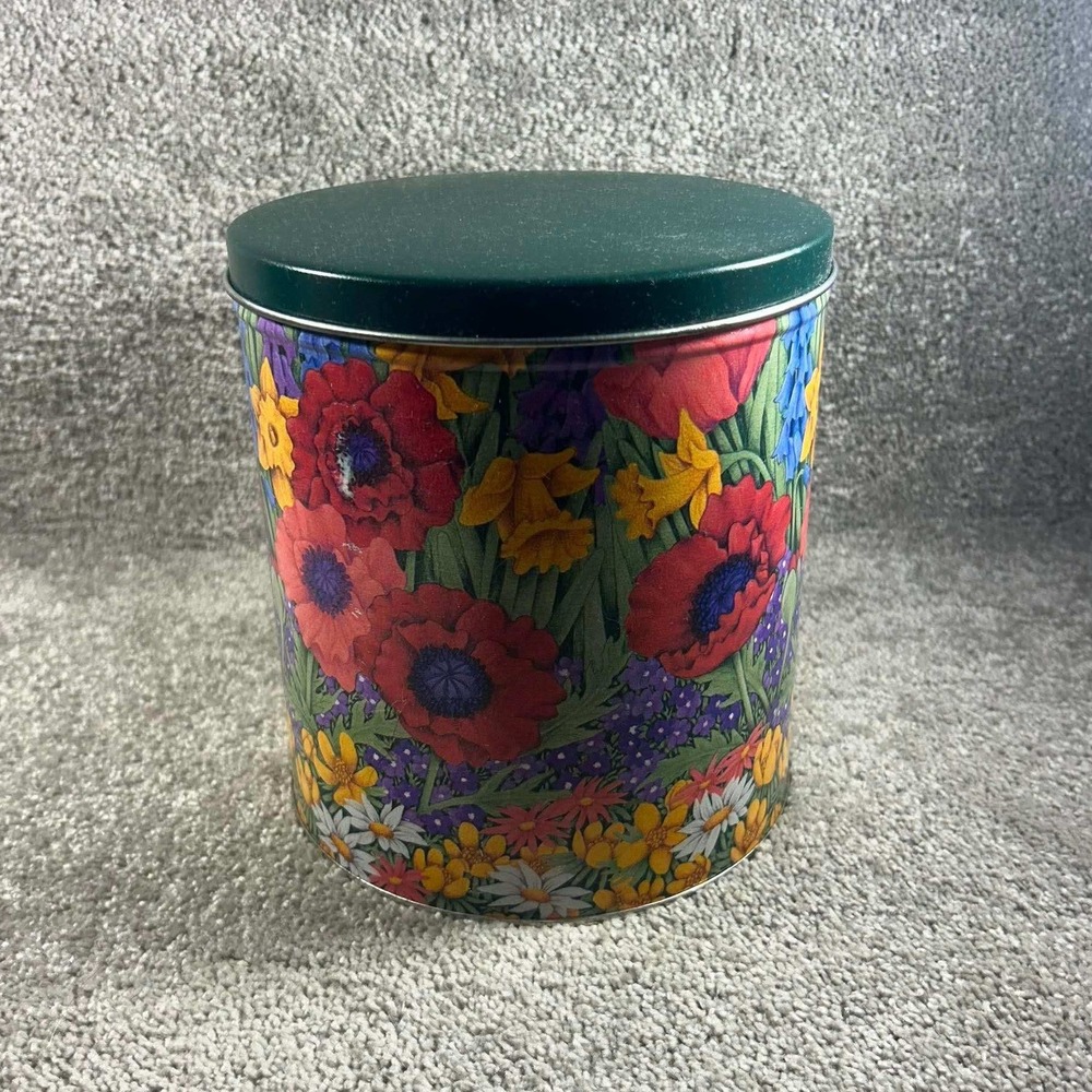 Poppy Flower Metal Storage Tin Green Red Cottagecore Decor Canister